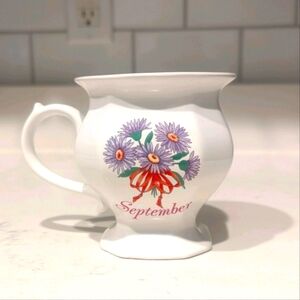 Vintage September Coffee Mug with Aster Bouquet and Ribbon Design